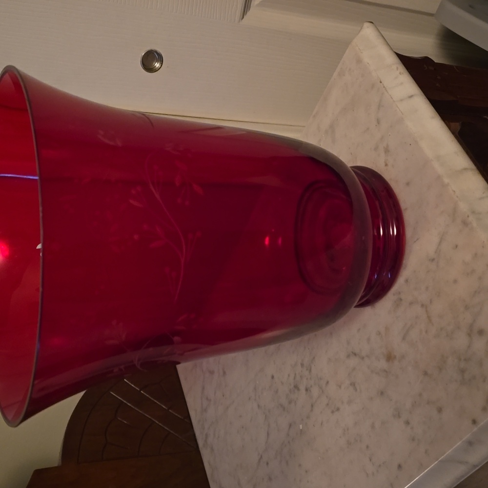 Longaberger Red Etched Glass Hurricane Vase or Candle Holder